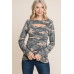 Army Camo Printed Cut Out Neckline Long Sleeves Casual Basic Top
