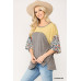 Colorblock Knit And Floral Print Mixed Top With Dolman Sleeve