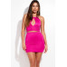 Solid Halter Neck With Criss Cross Back Detailed Top And Mini Skirt Two Piece Set