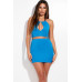 Solid Halter Neck With Criss Cross Back Detailed Top And Mini Skirt Two Piece Set