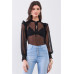 Black Sheer Mesh Polka Dot Frill Trim Long Sleeve Bodysuit