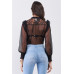 Black Sheer Mesh Polka Dot Frill Trim Long Sleeve Bodysuit