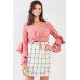 Fuzzy long ruffle sleeve v-neck self-tie front detail cropped top