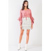 Fuzzy long ruffle sleeve v-neck self-tie front detail cropped top