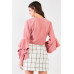 Fuzzy long ruffle sleeve v-neck self-tie front detail cropped top