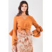 Fuzzy long ruffle sleeve v-neck self-tie front detail cropped top