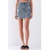 Medium Blue Denim High-waist Distressed Effect Asymmetrical Trim Raw Hem Detail Mini Skirt