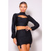 Puff Long Sleeve Front Cutout Turtleneck Blouse & Side Ruched Garter Mini Skirt Set
