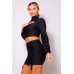 Puff Long Sleeve Front Cutout Turtleneck Blouse & Side Ruched Garter Mini Skirt Set