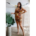 Plus Brown Fall Colors Pattern Drawstring Ruched Slip Mini Dress