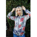 Navy Rust Flower Print Zip-up Contrast Striped Hood Sweater