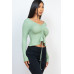 Ribbed Drawstring Front Long Sleeve Peplum Top