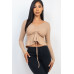 Ribbed Drawstring Front Long Sleeve Peplum Top