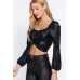 Long Slv Ruched Metallic Knit Top