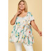 Plus Size Floral Check Printed Rayon Challis Square Neck Fashion Top