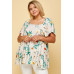 Plus Size Floral Check Printed Rayon Challis Square Neck Fashion Top