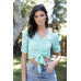 Mesh Button Up Self-tie Detail Ruched Short Sleeve Crop Top
