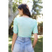 Mesh Button Up Self-tie Detail Ruched Short Sleeve Crop Top