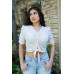 Mesh Button Up Self-tie Detail Ruched Short Sleeve Crop Top