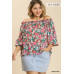 Sheer Floral Print Metallic Threading Long Sleeve Off Shoulder Top With High Low Hem