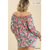 Sheer Floral Print Metallic Threading Long Sleeve Off Shoulder Top With High Low Hem
