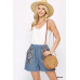 Denim And Print Pockets Elastic Waist Shorts With Raw Hem