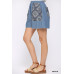 Denim And Print Pockets Elastic Waist Shorts With Raw Hem