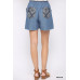 Denim And Print Pockets Elastic Waist Shorts With Raw Hem