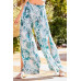 Back Elastic Waist Band Side Pockets Pleat Side Open Slit Tropical Print Pants