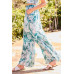 Back Elastic Waist Band Side Pockets Pleat Side Open Slit Tropical Print Pants