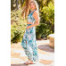 Back Elastic Waist Band Side Pockets Pleat Side Open Slit Tropical Print Pants