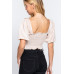 Elbow Sleeve Straight Neck Smocking W/ruffle Detail Woven Top