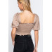 Elbow Sleeve Straight Neck Smocking W/ruffle Detail Woven Top