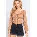 Long Sleeve Sweetheart Neck Front Ribbon Tie Detail Woven Top