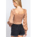 Long Sleeve Sweetheart Neck Front Ribbon Tie Detail Woven Top