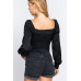 Long Sleeve Sweetheart Neck Front Ribbon Tie Detail Woven Top