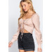 Long Sleeve Sweetheart Neck Front Ribbon Tie Detail Woven Top