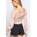 Long Sleeve Sweetheart Neck Front Ribbon Tie Detail Woven Top