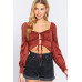 Long Sleeve Sweetheart Neck Front Ribbon Tie Detail Woven Top