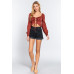 Long Sleeve Sweetheart Neck Front Ribbon Tie Detail Woven Top