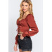 Long Sleeve Sweetheart Neck Front Ribbon Tie Detail Woven Top