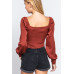 Long Sleeve Sweetheart Neck Front Ribbon Tie Detail Woven Top
