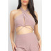 Solid Halter Top And Elastic Leggings Set