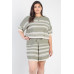 Plus Olive Striped Knit Short Sleeve Crop Top High Waist Shorts Set