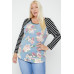Floral Top Featuring Raglan Style Striped Sleeves And A Round Neck