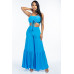 Solid Tie Front Spaghetti Strap Tank Top And Tiered Wide Leg Pants Two Piece Set