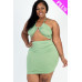 Plus Size Sexy Solid Crisscross Halter Top & Ruched Mini Skirt Set