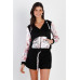 Black & Multi Color Print Colorblock Zip-up Hooded Top & Short Set