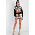 Black & Ivory Satin Effect Animal Print Hooded Top & Short Set