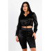 Satin Lace Details Long Sleeve Hooded Crop Top & Biker Short Set